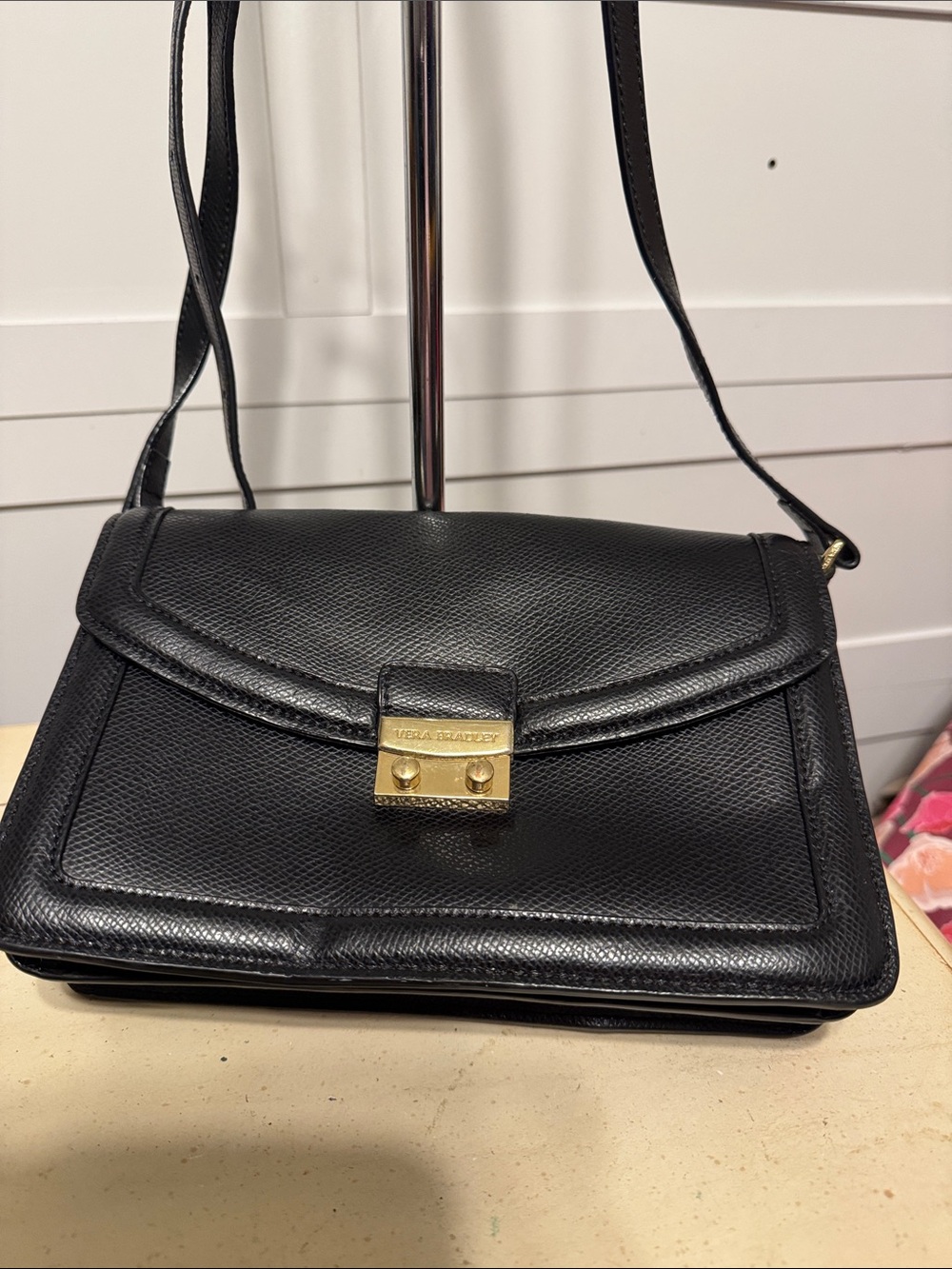 Vera Bradley Tess Black Pebbled Leather Crossbody with Gold Lock
